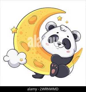 Cute panda hanging on the Moon. Funny cartoon character. Stock vector illustration on white background. Stock Vector
