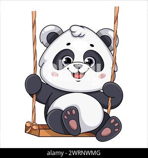 Cute panda riding on a swing. Funny cartoon character. Stock vector illustration on white background. Stock Vector