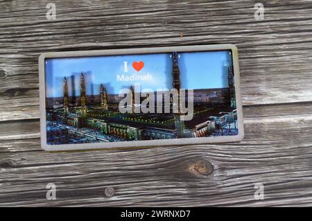 Medina fridge magnet in the shape of the Prophet's Mosque, refrigerator magnet of Madinah mosque in Saudi Arabia kingdom, it is the second mosque buil Stock Photo