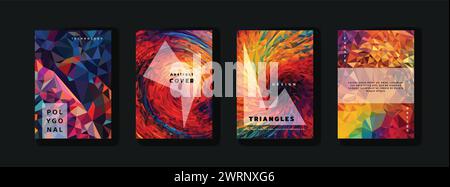 Low poly vertical abstract colorful flyers, collections of A4 size covers, set backgrounds, trendy, geometric, cyber polygonal and multicolor beautifu Stock Vector