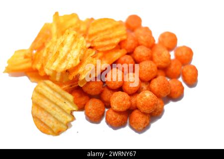 Background of Deep fried cheese balls, cheesy fried balls snack, cheeseballs and deep fried potatoes slices with flavors of lime and coriander isolate Stock Photo