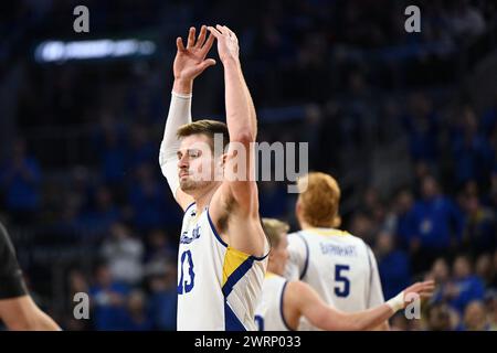 South Dakota State Jackrabbits forward Luke Appel (13) motions to the crowd during the men's final at the Summit League basketball tournament between the Denver Pioneers and the South Dakota State Jackrabbits at the Denny Sanford Premier Center in Sioux Falls, South Dakota on Tuesday, March 12, 2024. South Dakota State defeated Denver 76-68.Russell Hons/CSM. Stock Photo