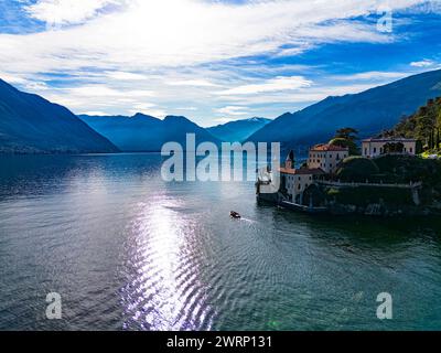 Aerial view of Villa Balbianello peninsula on Lake Como Stock Photo