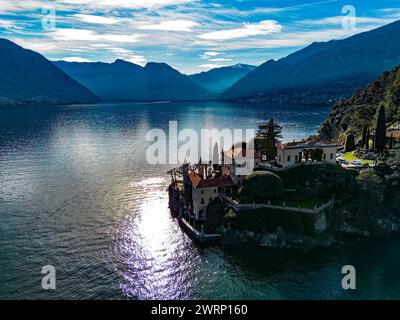 Aerial view of Villa Balbianello peninsula on Lake Como Stock Photo