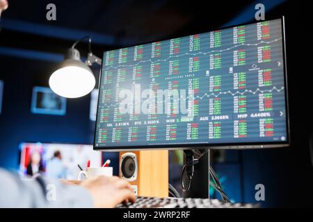 Before making investment in capital, analyst studies market operations to monitor live trends at home, determining income and cost parts. Working from home as company auditor on financial sector. Stock Photo