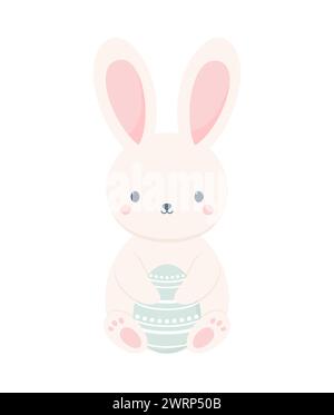 Сute Easter bunny sitting and holding an Easter egg in his paws, isolated on a white background. Flat vector illustration Stock Vector