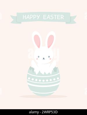 Easter greeting card. Cute Easter bunny looking out of a cracked Easter egg. Flat vector illustration Stock Vector