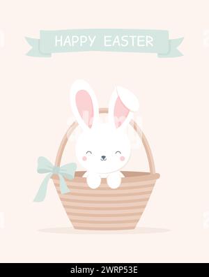 Cute smiling Easter bunny sitting inside an Easter basket. Easter greeting card. Flat vector illustration Stock Vector