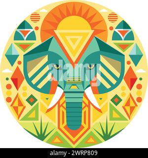 Front view of African mask shaped like an elephant head in geometric style with warm colors. Vector image Stock Vector