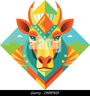 Front view of African mask shaped like a zebra head in geometric style with warm colors. Vector image Stock Vector