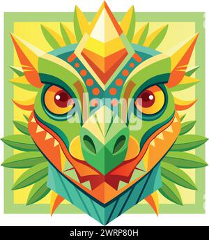 Front view of African mask shaped like a crocodile head in geometric style with warm colors. Vector image Stock Vector