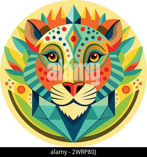 Front view of African mask shaped like a leopard head in geometric style with warm colors. Vector image Stock Vector