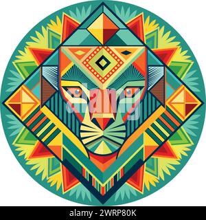 Front view of African mask shaped like a lion head in geometric style with warm colors. Vector image Stock Vector