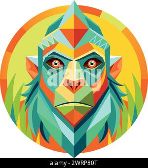 Front view of African mask shaped like a gorilla head in geometric style with warm colors. Vector image Stock Vector