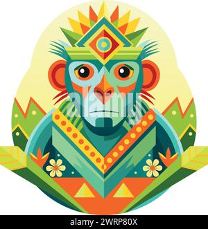 Front view of African mask shaped like a chimpanzee head in geometric style with warm colors. Vector image Stock Vector