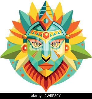 Front view of African man mask in geometric style with warm colors. Vector image Stock Vector