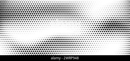 Hexagon halftone gradient texture. Abstract black hex grunge background. Geometric retro halftone tech wallpaper. Fading wavy hexagonal pattern backdrop. Vector vanishing honeycomb grunge overlay Stock Vector