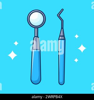 Pair of dental instruments. Teeth cleaning. Childrens learning card. Poster for dentistry. Vector illustration in cartoon style. Stock Vector