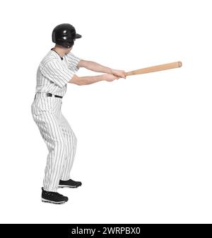 Baseball player taking swing with bat on white background, back view Stock Photo