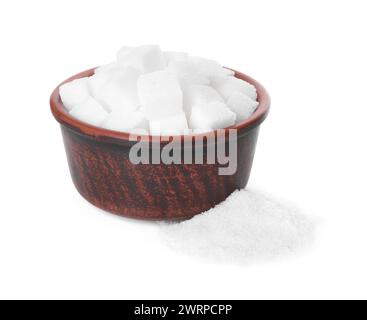 Different types of sugar and bowl isolated on white Stock Photo