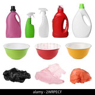 Different plastic items isolated on white, set Stock Photo