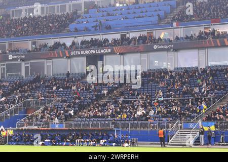 Hamburg, Germany - February 15, 2024: Central tribunes of Volksparkstadion in Hamburg during the UEFA Europa League game Shakhtar Donetsk v Marseille Stock Photo