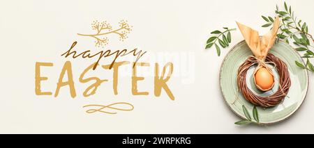 Festive banner for Happy Easter with stylish table setting and egg Stock Photo