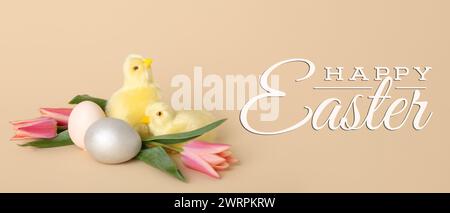 Festive banner for Happy Easter with painted eggs, chickens and tulip flowers Stock Photo