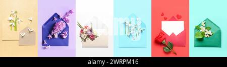 Collection of envelopes with beautiful flowers on color background Stock Photo
