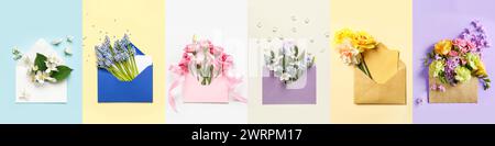 Set of envelopes with beautiful flowers on color background Stock Photo