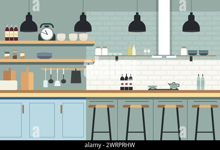 Flat Design of Kitchen in Restaurant with Kitchen Utensils and Customer Chairs Stock Vector