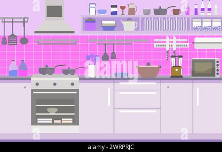 Flat Design of Modern Kitchen Interior in Restaurant with Storage Shelves and Stove Stock Vector