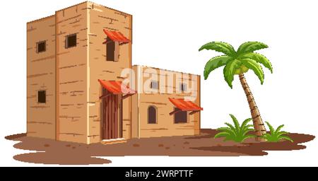 Vector illustration of adobe buildings with palm tree Stock Vector