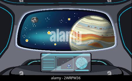 Spacecraft window view of a distant planet and stars Stock Vector