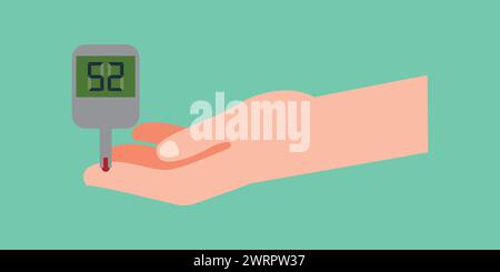Diabetes concept, man holds in hand the meter measures the blood sugar level. Blood drop test strip. Medical diagnostics at home Stock Vector