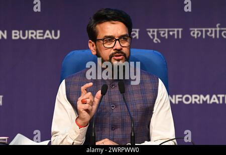 India. 13th Mar, 2024. NEW DELHI, INDIA - MARCH 13: Union Minister for Information & Broadcasting and Youth Affairs & Sports Anurag Singh Thakur addressing press conference on Cabinet Decisions for delhi metro two new corridore at National Media Centre on March 13, 2024 in New Delhi, India. (Photo by Sonu Mehta/Hindustan Times/Sipa USA) Credit: Sipa USA/Alamy Live News Stock Photo