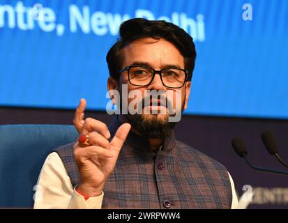 India. 13th Mar, 2024. NEW DELHI, INDIA - MARCH 13: Union Minister for Information & Broadcasting and Youth Affairs & Sports Anurag Singh Thakur addressing press conference on Cabinet Decisions for delhi metro two new corridore at National Media Centre on March 13, 2024 in New Delhi, India. (Photo by Sonu Mehta/Hindustan Times/Sipa USA) Credit: Sipa USA/Alamy Live News Stock Photo