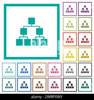 Organizational chart down solid flat color icons with quadrant frames on white background Stock Vector