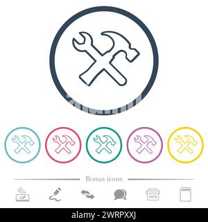 Wrench and hammer outline flat color icons in round outlines. 6 bonus icons included. Stock Vector