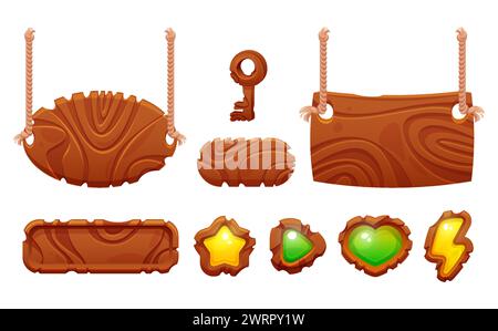 Wooden game ui design elements - oval and rectangular frames and borders hanging on rope, long buttons, wood key and achievement icons. Cartoon vector set of brown textured plates for menu interface. Stock Vector