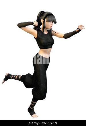 Anime girl ninja in black outfit, 3D Illustration. Stock Photo