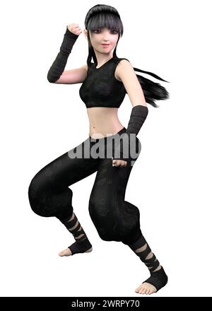 Anime girl ninja in black outfit, 3D Illustration. Stock Photo