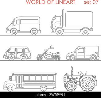 car, buses, and mini truck outline artwork Stock Vector