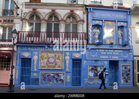 La Comédie Italienne is a theatre in the Montparnasse district of Paris, presenting Italian commedia dell'arte plays in French translation. Stock Photo