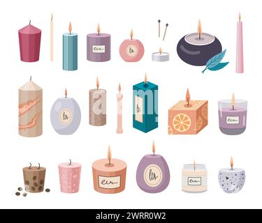 Aromatherapy candles set. Various candles isolated on white background. Hand drawn Vector illustration. Different burning candles collection. Hand crafted candles. Flat design Stock Vector
