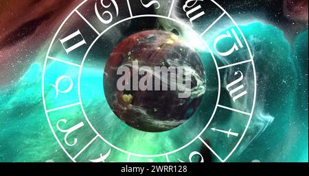 Image of brown planet and zodiac in green and brown space with smoke Stock Photo