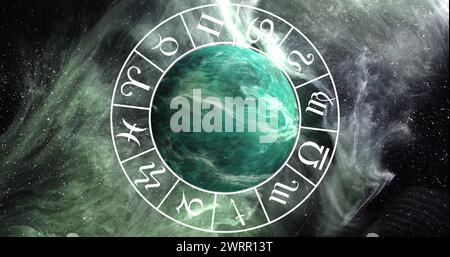 Image of green planet and zodiac in black space with smoke Stock Photo
