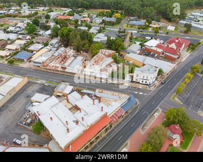 Aerial view over streets and buildings in a small rural town  at Nhill in Western Victoria, Australia. Stock Photo