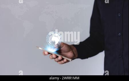 Technology digital marketing, Financial and banking, Businessman using smart phone mobile on blurred background Stock Photo