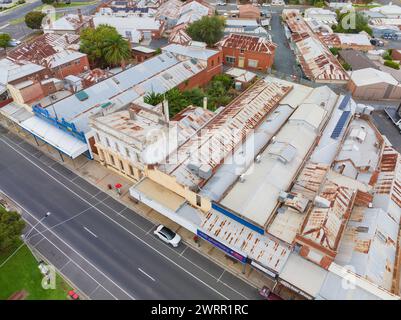 Aerial view over streets and buildings in a small rural town  at Nhill in Western Victoria, Australia. Stock Photo
